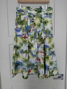 Tropical Palm Print A-Line Skirt - Green/Blue